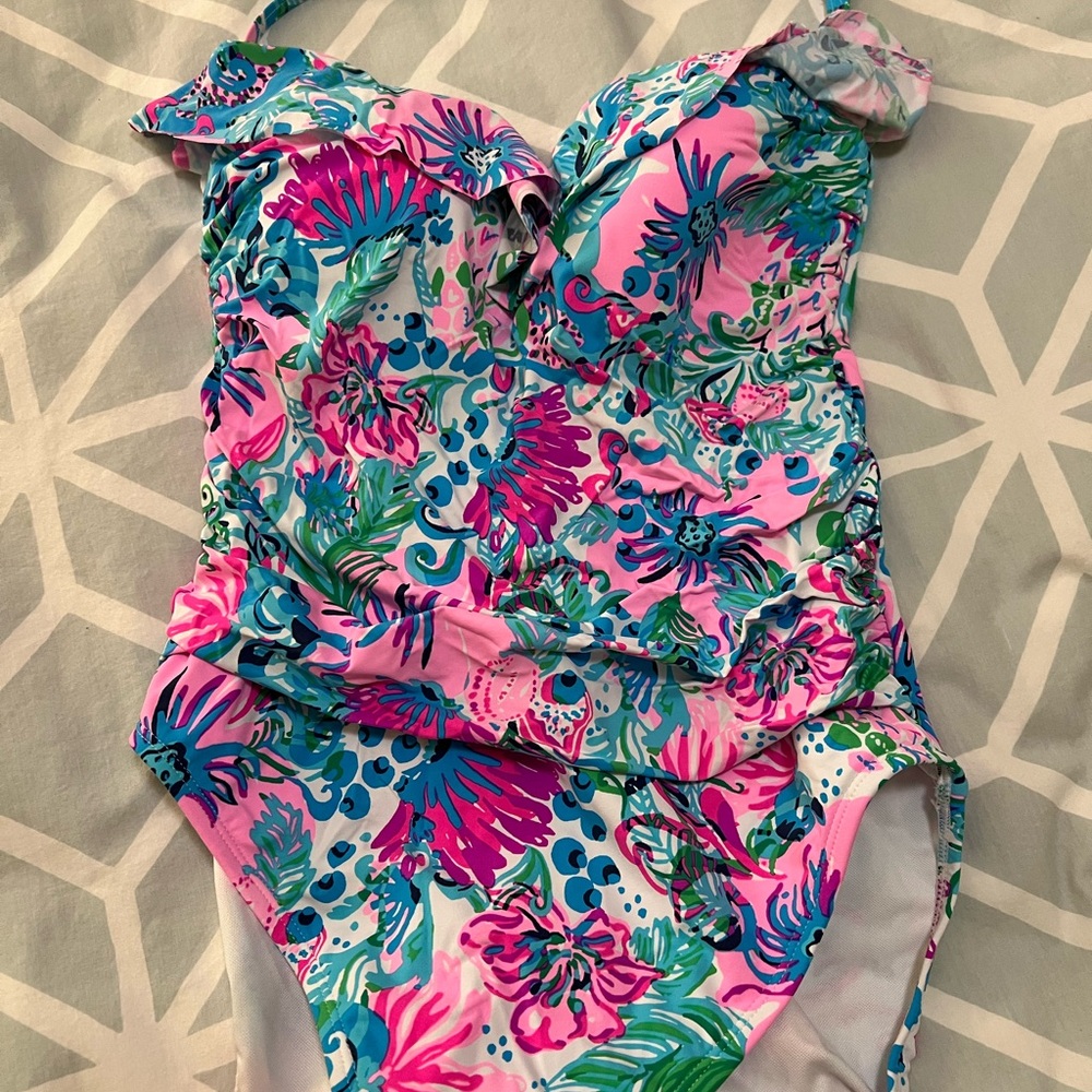 Lilly Pulitzer Pink and Blue One Piece Swimsuit Tropical Floral